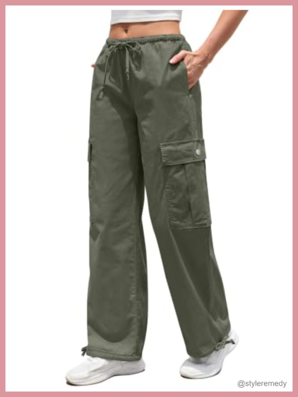 Women's Cotton Cargo Pants Baggy Straight Wide Leg Drawstring Waist 6 Pockets